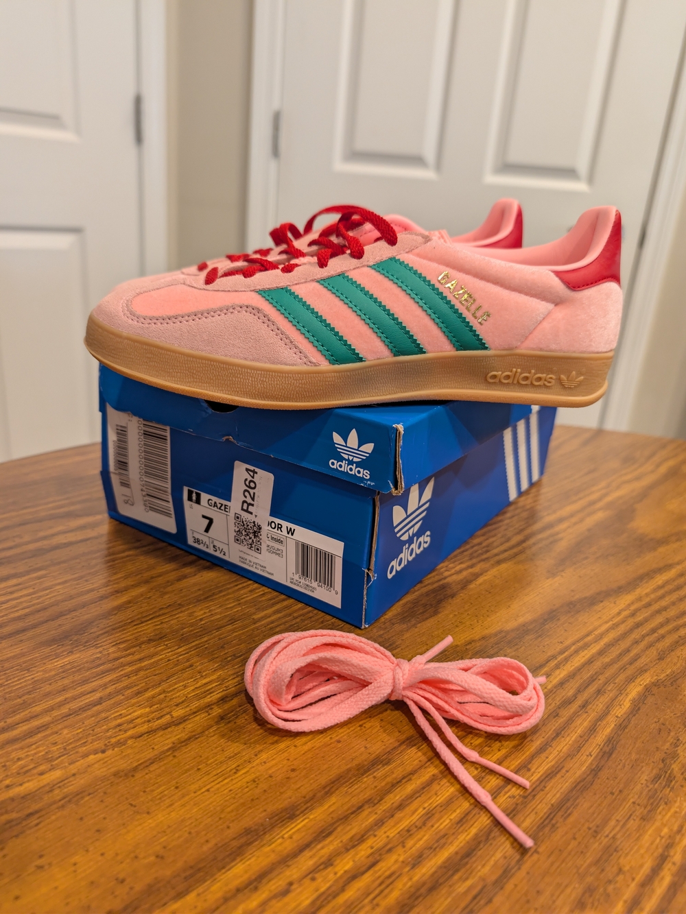 Adidas Gazelle In Pink with Teal Stripes